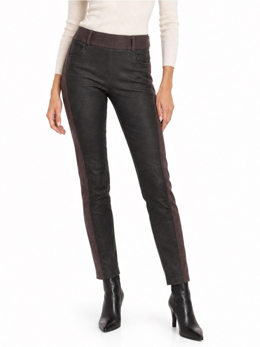 Brunello Cucinelli Dark Brown Leather Virgin Wool Panel Pants Skinny Sz 4